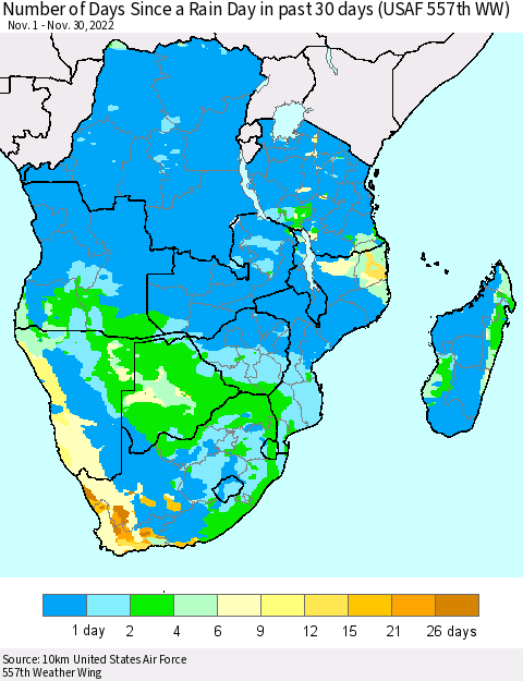 Southern Africa Number of Days Since a Rain Day in past 30 days (USAF 557th WW) Thematic Map For 11/26/2022 - 11/30/2022