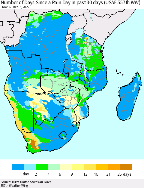 Southern Africa Number of Days Since a Rain Day in past 30 days (USAF 557th WW) Thematic Map For 12/1/2022 - 12/5/2022