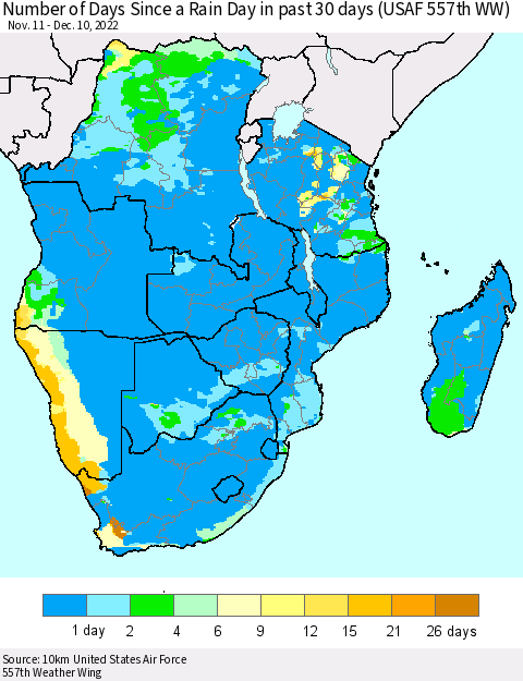 Southern Africa Number of Days Since a Rain Day in past 30 days (USAF 557th WW) Thematic Map For 12/6/2022 - 12/10/2022