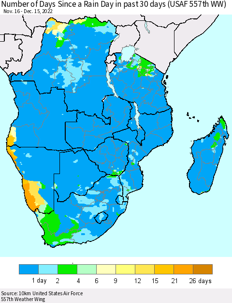 Southern Africa Number of Days Since a Rain Day in past 30 days (USAF 557th WW) Thematic Map For 12/11/2022 - 12/15/2022