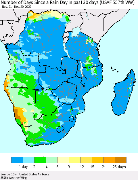 Southern Africa Number of Days Since a Rain Day in past 30 days (USAF 557th WW) Thematic Map For 12/16/2022 - 12/20/2022