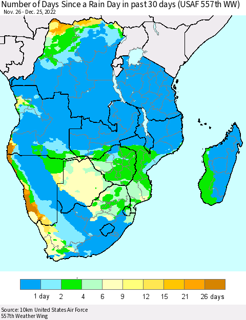 Southern Africa Number of Days Since a Rain Day in past 30 days (USAF 557th WW) Thematic Map For 12/21/2022 - 12/25/2022
