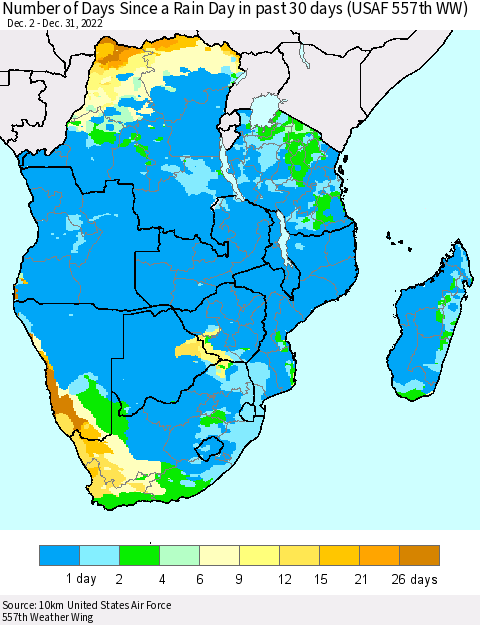 Southern Africa Number of Days Since a Rain Day in past 30 days (USAF 557th WW) Thematic Map For 12/26/2022 - 12/31/2022