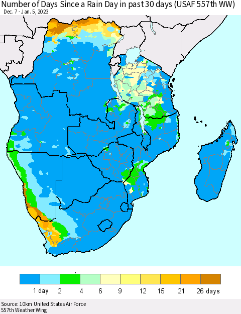 Southern Africa Number of Days Since a Rain Day in past 30 days (USAF 557th WW) Thematic Map For 1/1/2023 - 1/5/2023