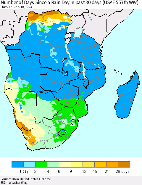 Southern Africa Number of Days Since a Rain Day in past 30 days (USAF 557th WW) Thematic Map For 1/6/2023 - 1/10/2023