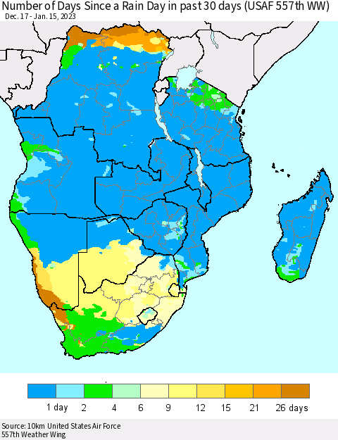 Southern Africa Number of Days Since a Rain Day in past 30 days (USAF 557th WW) Thematic Map For 1/11/2023 - 1/15/2023