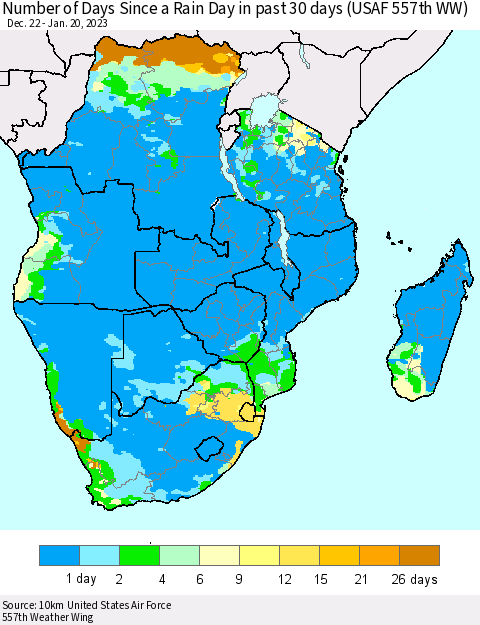 Southern Africa Number of Days Since a Rain Day in past 30 days (USAF 557th WW) Thematic Map For 1/16/2023 - 1/20/2023