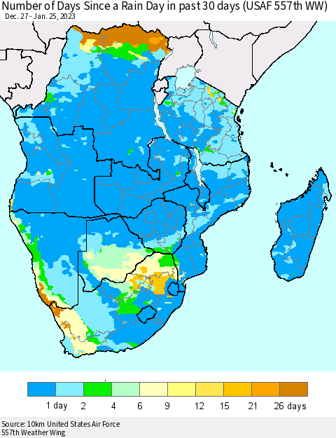 Southern Africa Number of Days Since a Rain Day in past 30 days (USAF 557th WW) Thematic Map For 1/21/2023 - 1/25/2023