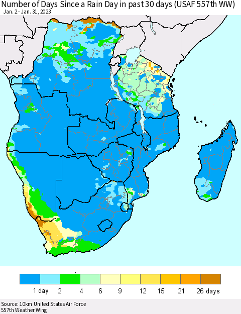 Southern Africa Number of Days Since a Rain Day in past 30 days (USAF 557th WW) Thematic Map For 1/26/2023 - 1/31/2023
