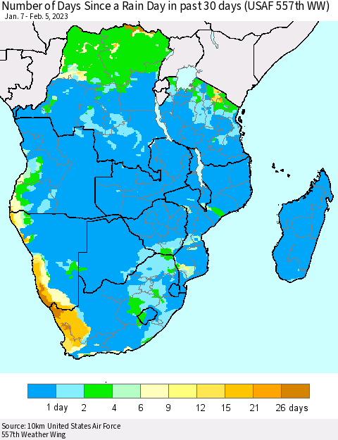 Southern Africa Number of Days Since a Rain Day in past 30 days (USAF 557th WW) Thematic Map For 2/1/2023 - 2/5/2023