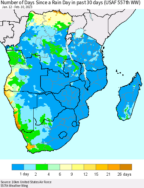 Southern Africa Number of Days Since a Rain Day in past 30 days (USAF 557th WW) Thematic Map For 2/6/2023 - 2/10/2023