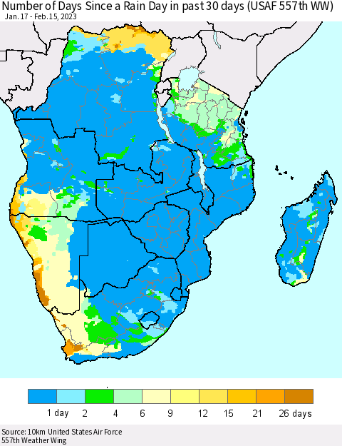 Southern Africa Number of Days Since a Rain Day in past 30 days (USAF 557th WW) Thematic Map For 2/11/2023 - 2/15/2023