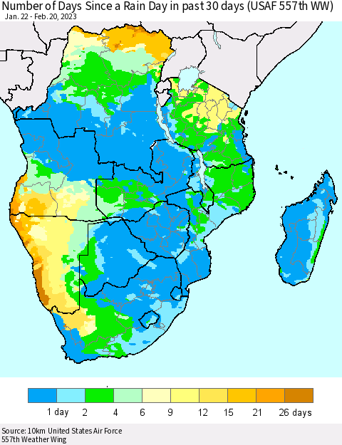 Southern Africa Number of Days Since a Rain Day in past 30 days (USAF 557th WW) Thematic Map For 2/16/2023 - 2/20/2023