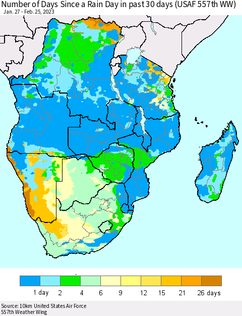 Southern Africa Number of Days Since a Rain Day in past 30 days (USAF 557th WW) Thematic Map For 2/21/2023 - 2/25/2023