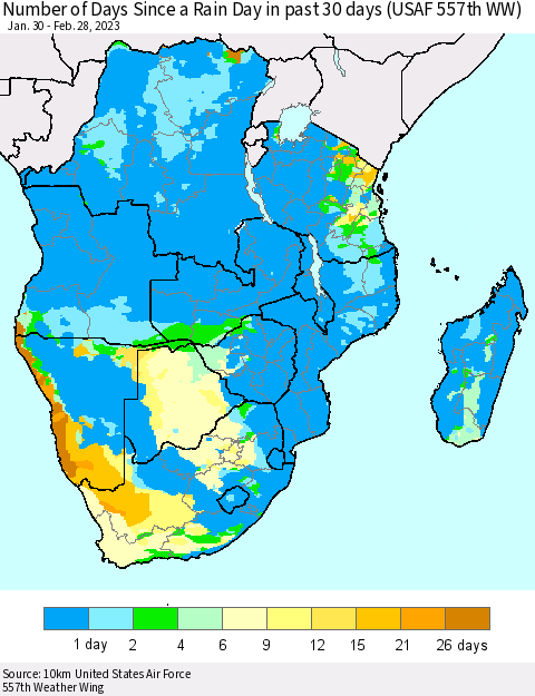 Southern Africa Number of Days Since a Rain Day in past 30 days (USAF 557th WW) Thematic Map For 2/26/2023 - 2/28/2023