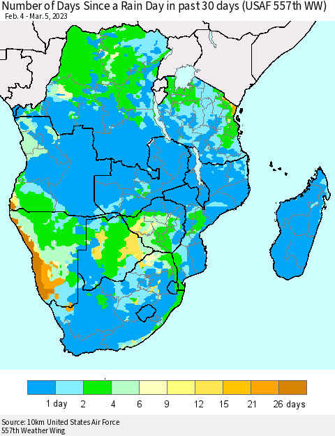 Southern Africa Number of Days Since a Rain Day in past 30 days (USAF 557th WW) Thematic Map For 3/1/2023 - 3/5/2023
