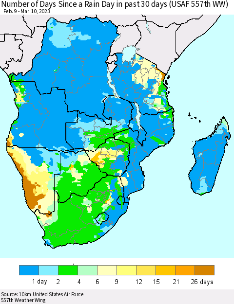 Southern Africa Number of Days Since a Rain Day in past 30 days (USAF 557th WW) Thematic Map For 3/6/2023 - 3/10/2023