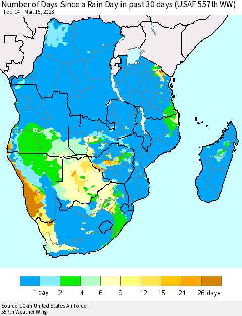 Southern Africa Number of Days Since a Rain Day in past 30 days (USAF 557th WW) Thematic Map For 3/11/2023 - 3/15/2023