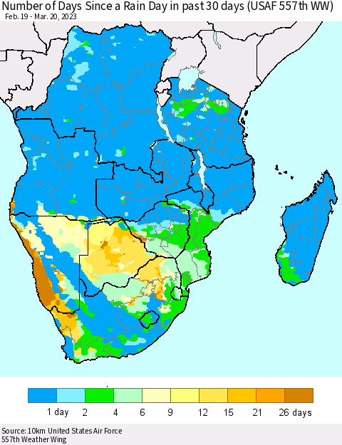 Southern Africa Number of Days Since a Rain Day in past 30 days (USAF 557th WW) Thematic Map For 3/16/2023 - 3/20/2023