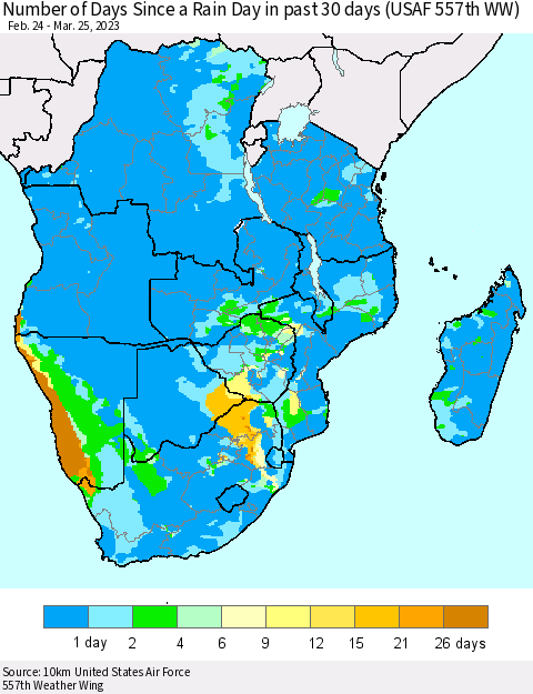 Southern Africa Number of Days Since a Rain Day in past 30 days (USAF 557th WW) Thematic Map For 3/21/2023 - 3/25/2023