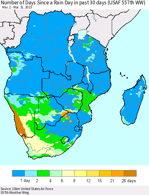 Southern Africa Number of Days Since a Rain Day in past 30 days (USAF 557th WW) Thematic Map For 3/26/2023 - 3/31/2023