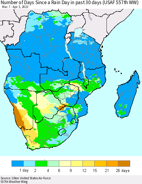Southern Africa Number of Days Since a Rain Day in past 30 days (USAF 557th WW) Thematic Map For 4/1/2023 - 4/5/2023