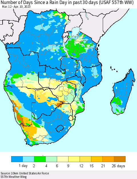 Southern Africa Number of Days Since a Rain Day in past 30 days (USAF 557th WW) Thematic Map For 4/6/2023 - 4/10/2023