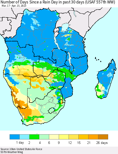Southern Africa Number of Days Since a Rain Day in past 30 days (USAF 557th WW) Thematic Map For 4/11/2023 - 4/15/2023