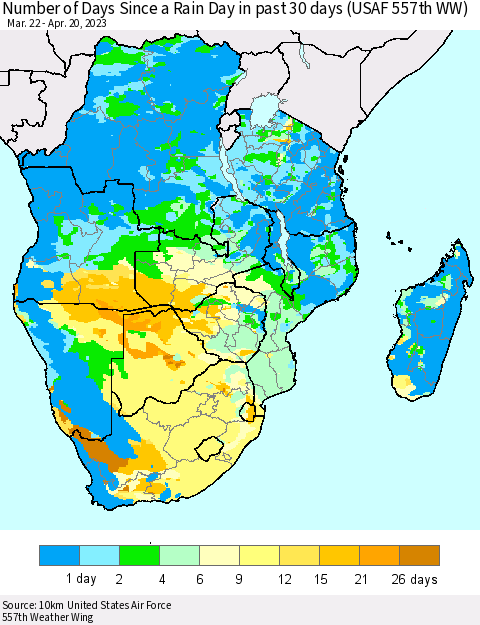 Southern Africa Number of Days Since a Rain Day in past 30 days (USAF 557th WW) Thematic Map For 4/16/2023 - 4/20/2023