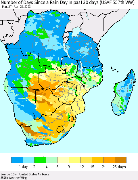 Southern Africa Number of Days Since a Rain Day in past 30 days (USAF 557th WW) Thematic Map For 4/21/2023 - 4/25/2023