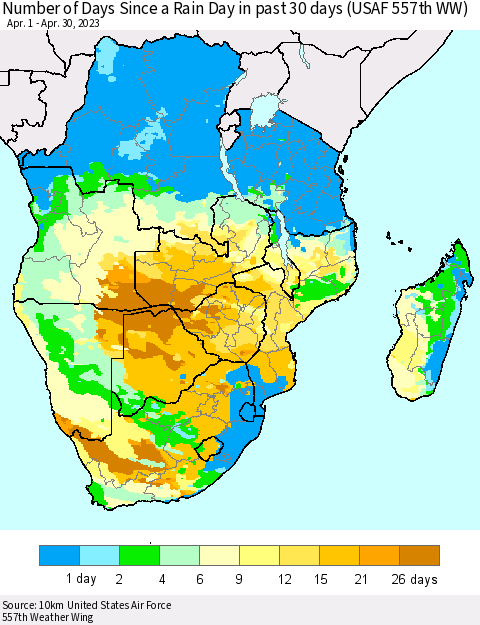 Southern Africa Number of Days Since a Rain Day in past 30 days (USAF 557th WW) Thematic Map For 4/26/2023 - 4/30/2023