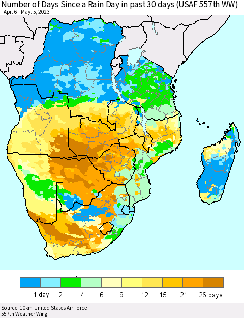 Southern Africa Number of Days Since a Rain Day in past 30 days (USAF 557th WW) Thematic Map For 5/1/2023 - 5/5/2023