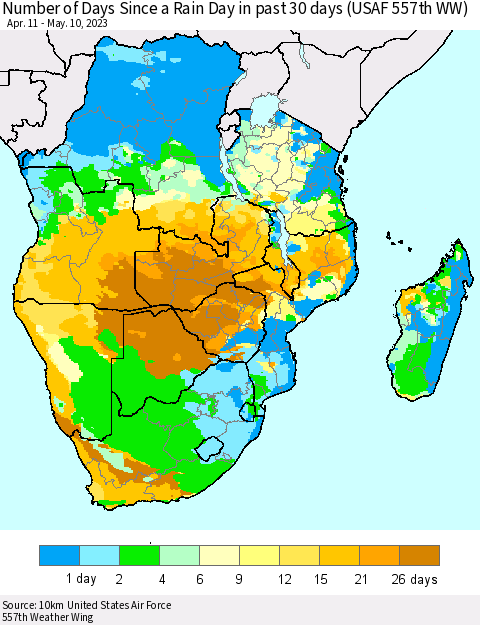 Southern Africa Number of Days Since a Rain Day in past 30 days (USAF 557th WW) Thematic Map For 5/6/2023 - 5/10/2023