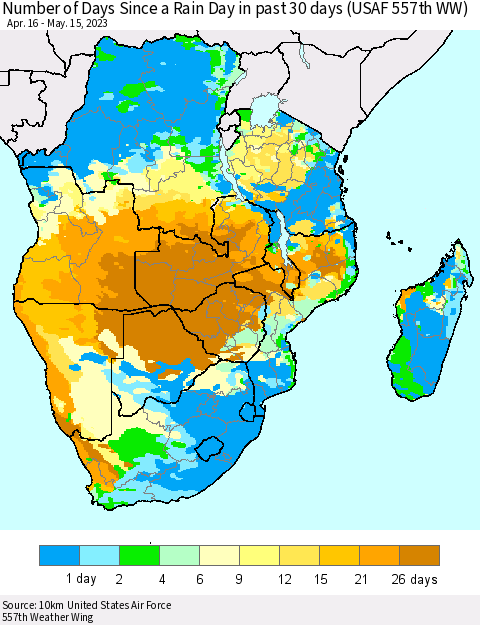 Southern Africa Number of Days Since a Rain Day in past 30 days (USAF 557th WW) Thematic Map For 5/11/2023 - 5/15/2023