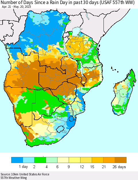 Southern Africa Number of Days Since a Rain Day in past 30 days (USAF 557th WW) Thematic Map For 5/16/2023 - 5/20/2023