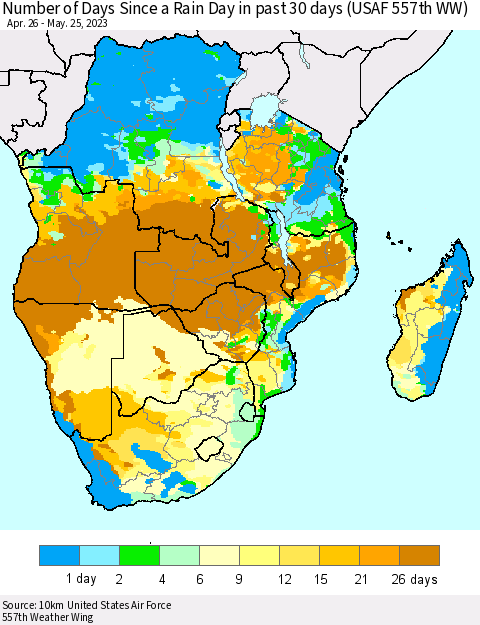 Southern Africa Number of Days Since a Rain Day in past 30 days (USAF 557th WW) Thematic Map For 5/21/2023 - 5/25/2023