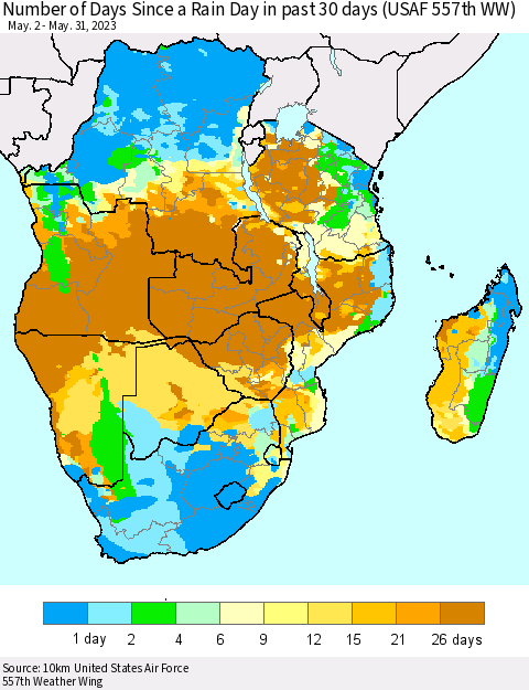 Southern Africa Number of Days Since a Rain Day in past 30 days (USAF 557th WW) Thematic Map For 5/26/2023 - 5/31/2023