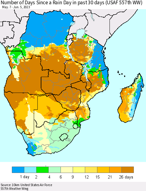 Southern Africa Number of Days Since a Rain Day in past 30 days (USAF 557th WW) Thematic Map For 6/1/2023 - 6/5/2023