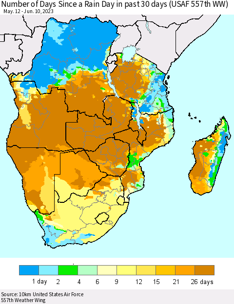 Southern Africa Number of Days Since a Rain Day in past 30 days (USAF 557th WW) Thematic Map For 6/6/2023 - 6/10/2023