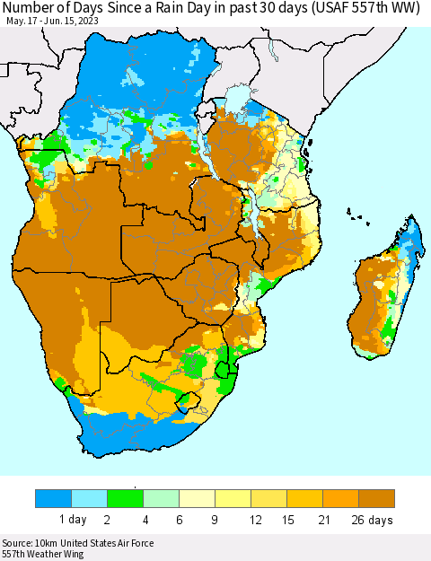 Southern Africa Number of Days Since a Rain Day in past 30 days (USAF 557th WW) Thematic Map For 6/11/2023 - 6/15/2023