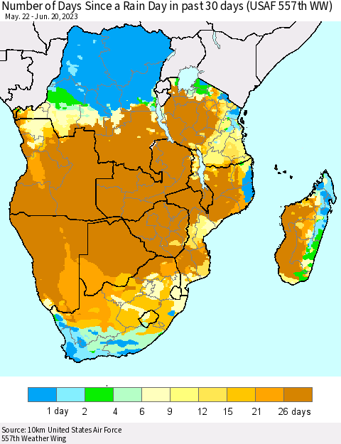 Southern Africa Number of Days Since a Rain Day in past 30 days (USAF 557th WW) Thematic Map For 6/16/2023 - 6/20/2023