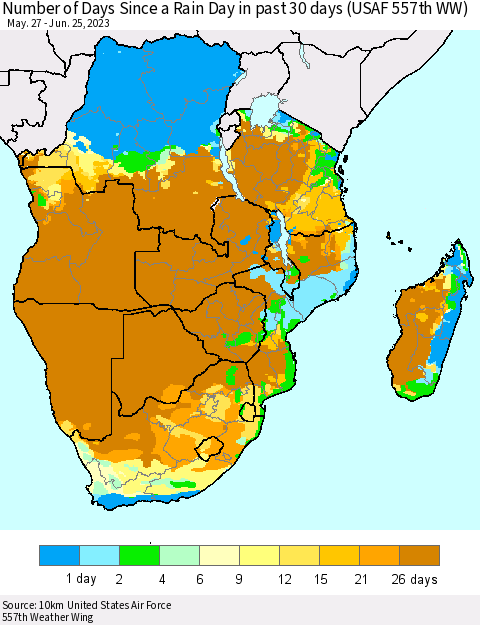 Southern Africa Number of Days Since a Rain Day in past 30 days (USAF 557th WW) Thematic Map For 6/21/2023 - 6/25/2023