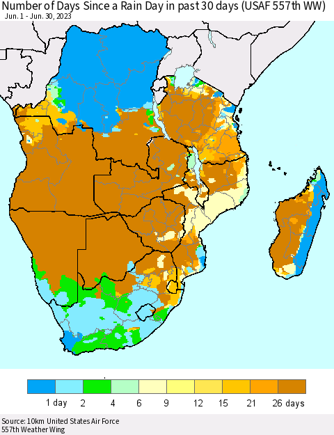 Southern Africa Number of Days Since a Rain Day in past 30 days (USAF 557th WW) Thematic Map For 6/26/2023 - 6/30/2023