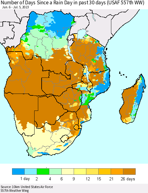Southern Africa Number of Days Since a Rain Day in past 30 days (USAF 557th WW) Thematic Map For 7/1/2023 - 7/5/2023