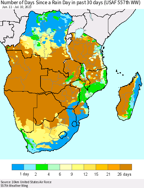 Southern Africa Number of Days Since a Rain Day in past 30 days (USAF 557th WW) Thematic Map For 7/6/2023 - 7/10/2023