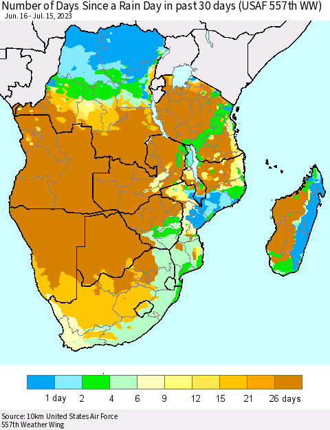 Southern Africa Number of Days Since a Rain Day in past 30 days (USAF 557th WW) Thematic Map For 7/11/2023 - 7/15/2023