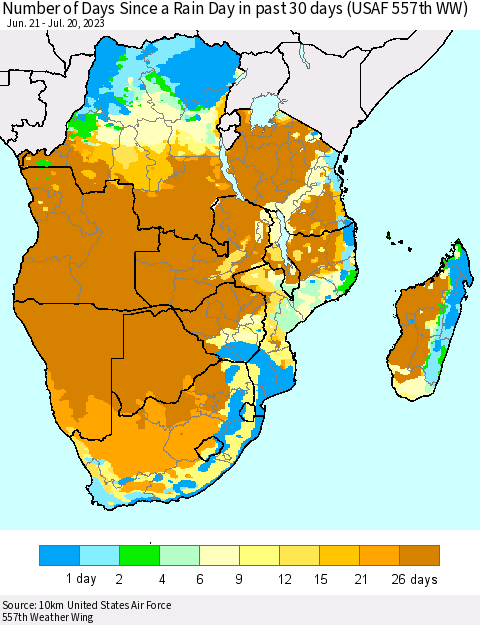 Southern Africa Number of Days Since a Rain Day in past 30 days (USAF 557th WW) Thematic Map For 7/16/2023 - 7/20/2023