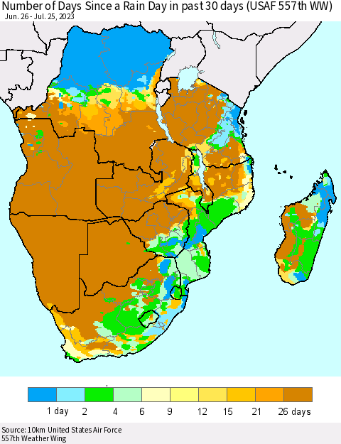 Southern Africa Number of Days Since a Rain Day in past 30 days (USAF 557th WW) Thematic Map For 7/21/2023 - 7/25/2023