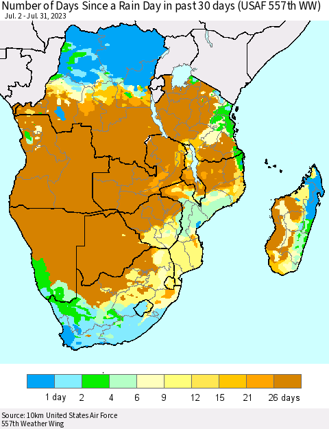 Southern Africa Number of Days Since a Rain Day in past 30 days (USAF 557th WW) Thematic Map For 7/26/2023 - 7/31/2023