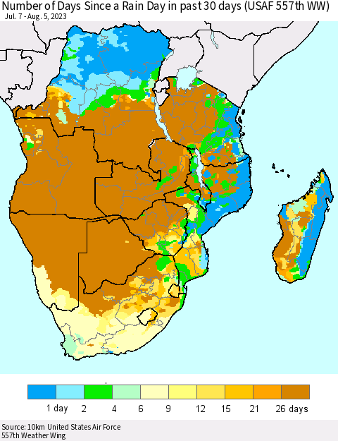Southern Africa Number of Days Since a Rain Day in past 30 days (USAF 557th WW) Thematic Map For 8/1/2023 - 8/5/2023